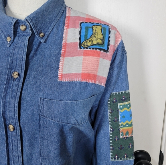 Vintage Ashley Hill Wilderness Denim Shirt Patchwork Western Outdoors Vibes L - Picture 4 of 16